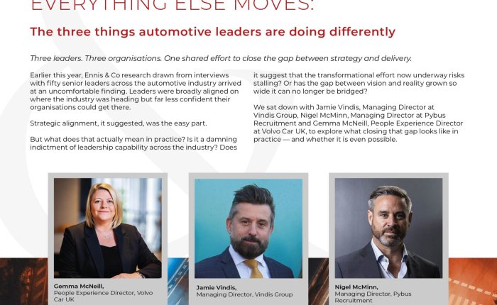 Feature spread: red title 'MAINTAINING DIRECTION WHILE EVERYTHING ELSE MOVES' with three executive portraits and captions below (Gemma McNeill, Jamie Vindis, Nigel McMinn).