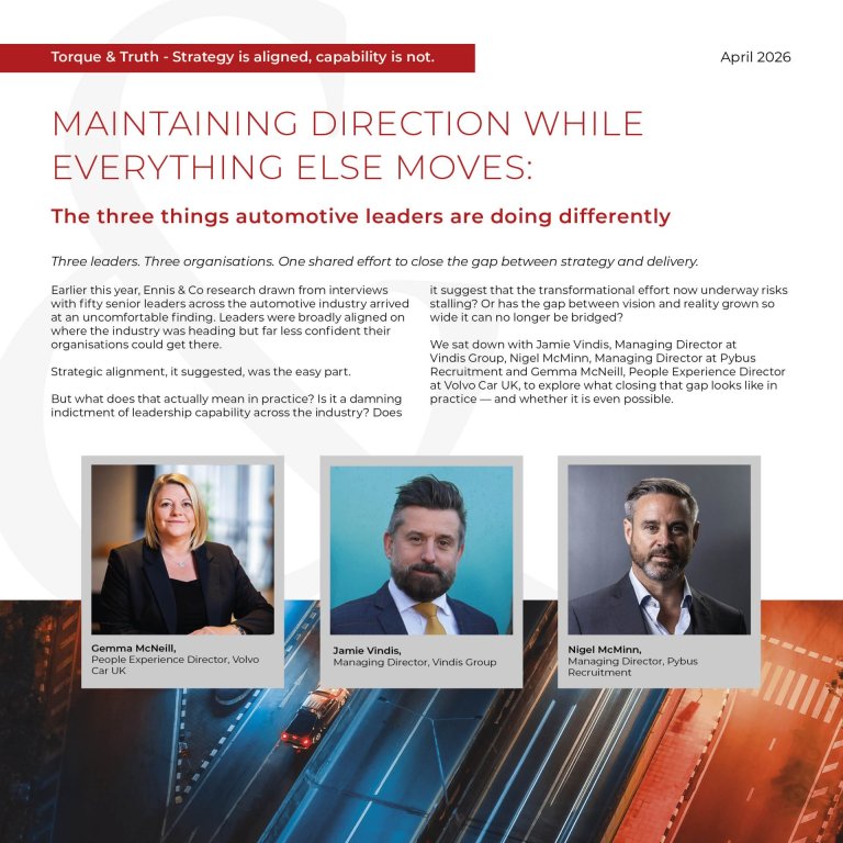 Feature spread: red title 'MAINTAINING DIRECTION WHILE EVERYTHING ELSE MOVES' with three executive portraits and captions below (Gemma McNeill, Jamie Vindis, Nigel McMinn).