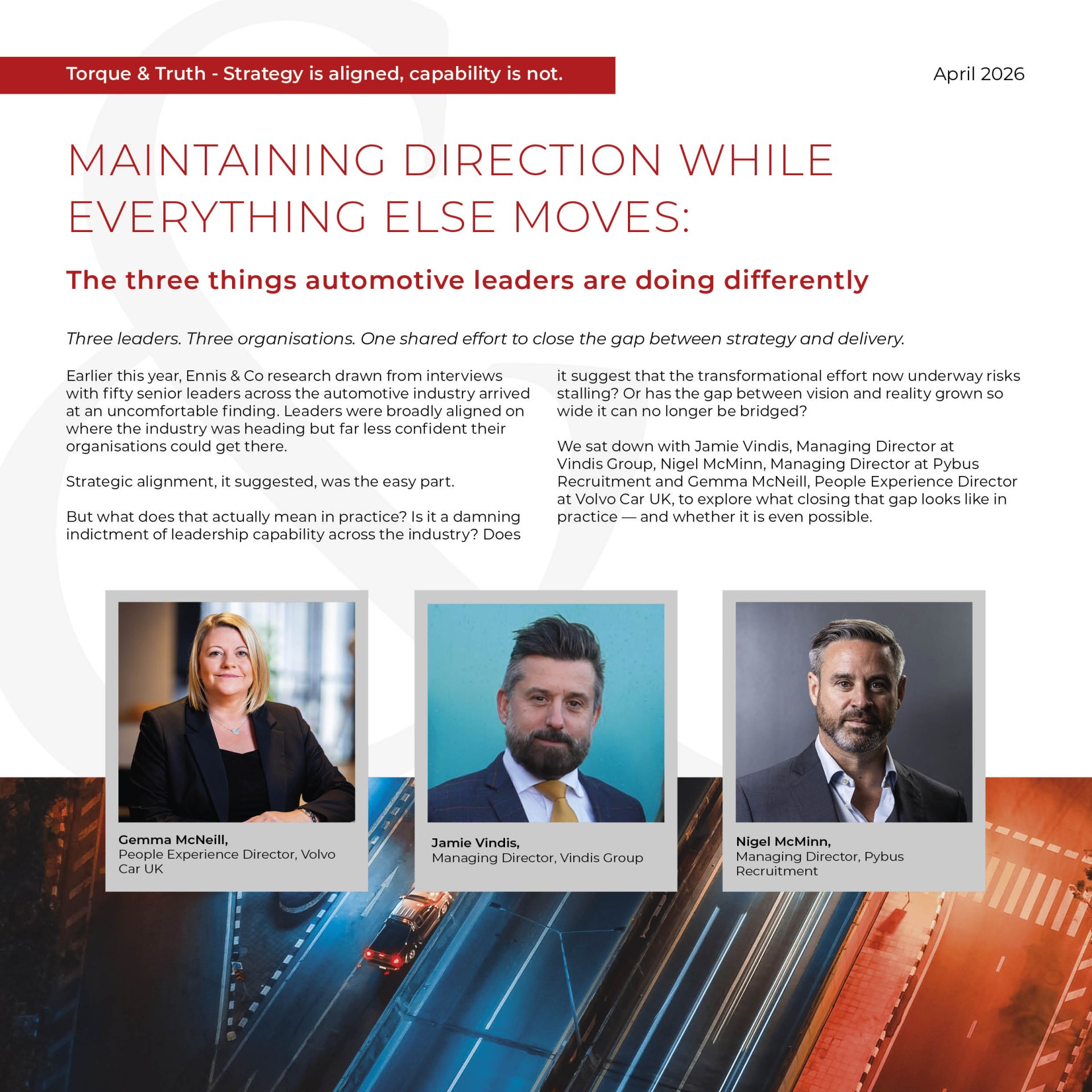 Feature spread: red title 'MAINTAINING DIRECTION WHILE EVERYTHING ELSE MOVES' with three executive portraits and captions below (Gemma McNeill, Jamie Vindis, Nigel McMinn).