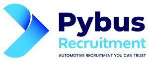 Pybus Recruitment logo with bold navy 'Pybus' and cyan 'Recruitment', plus the tagline 'Automotive recruitment you can trust' and a blue abstract mark to the left