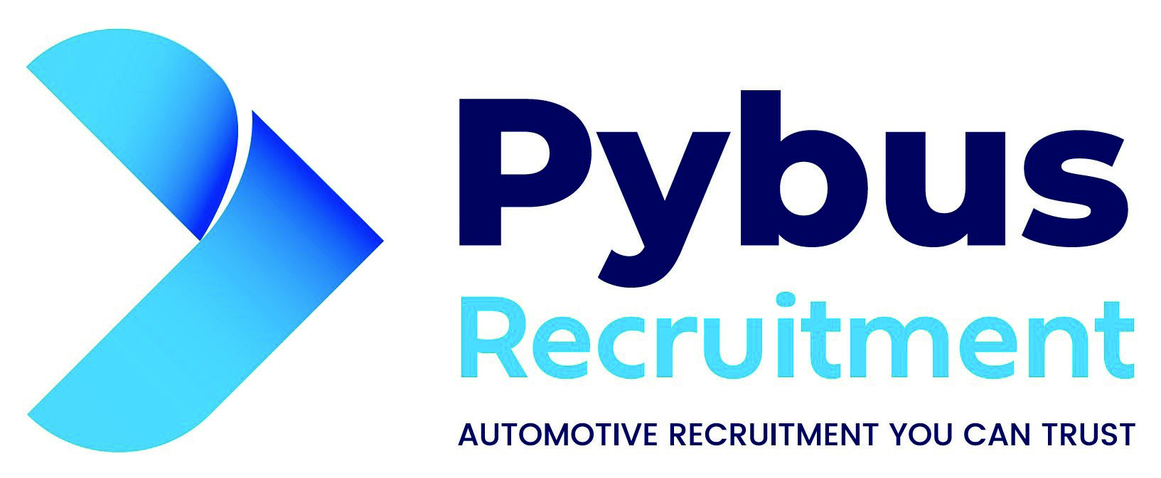 Pybus Recruitment logo with bold navy 'Pybus' and cyan 'Recruitment', plus the tagline 'Automotive recruitment you can trust' and a blue abstract mark to the left