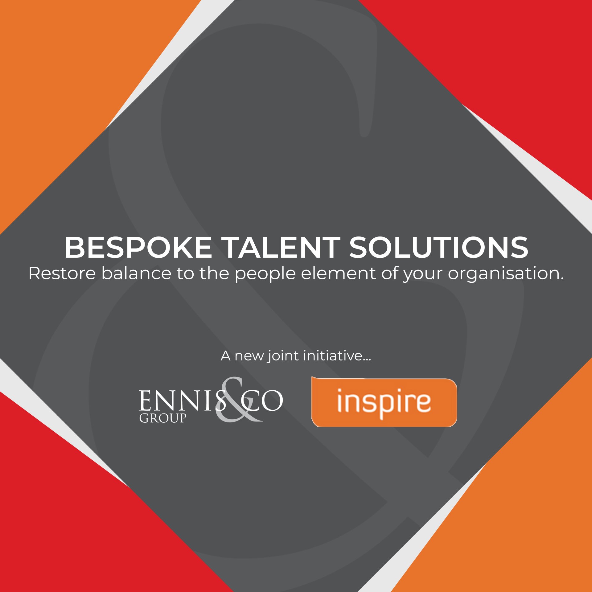 Hero section with bold text: Bespoke Talent Solutions and subheading about restoring balance for your organisation, over a dark abstract background with orange and red diagonal accents.