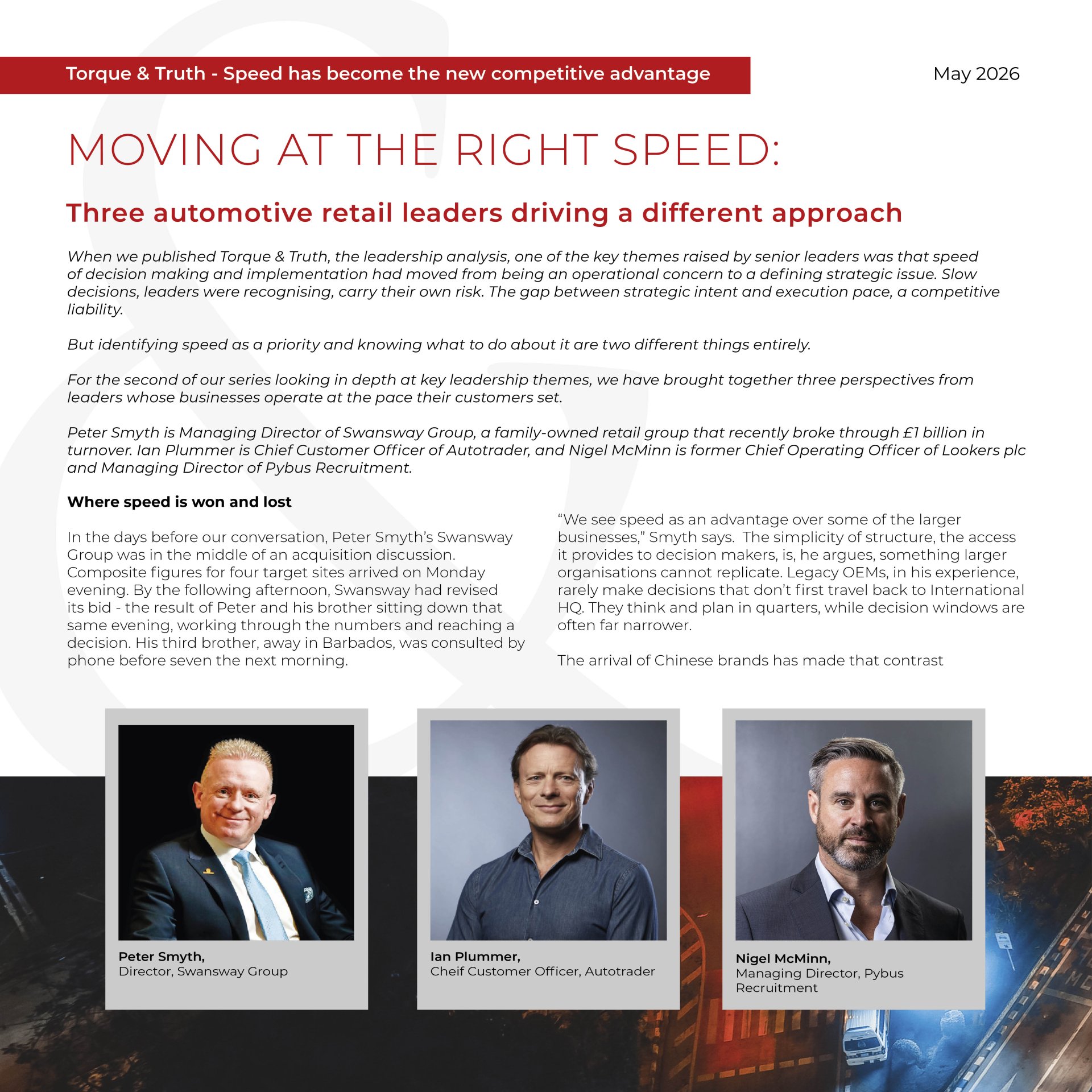 Collage of three business executive headshots (Peter Smyth, Ian Plummer, Nigel McMinn) over a dark, graphic background with captioned profiles beneath each photo