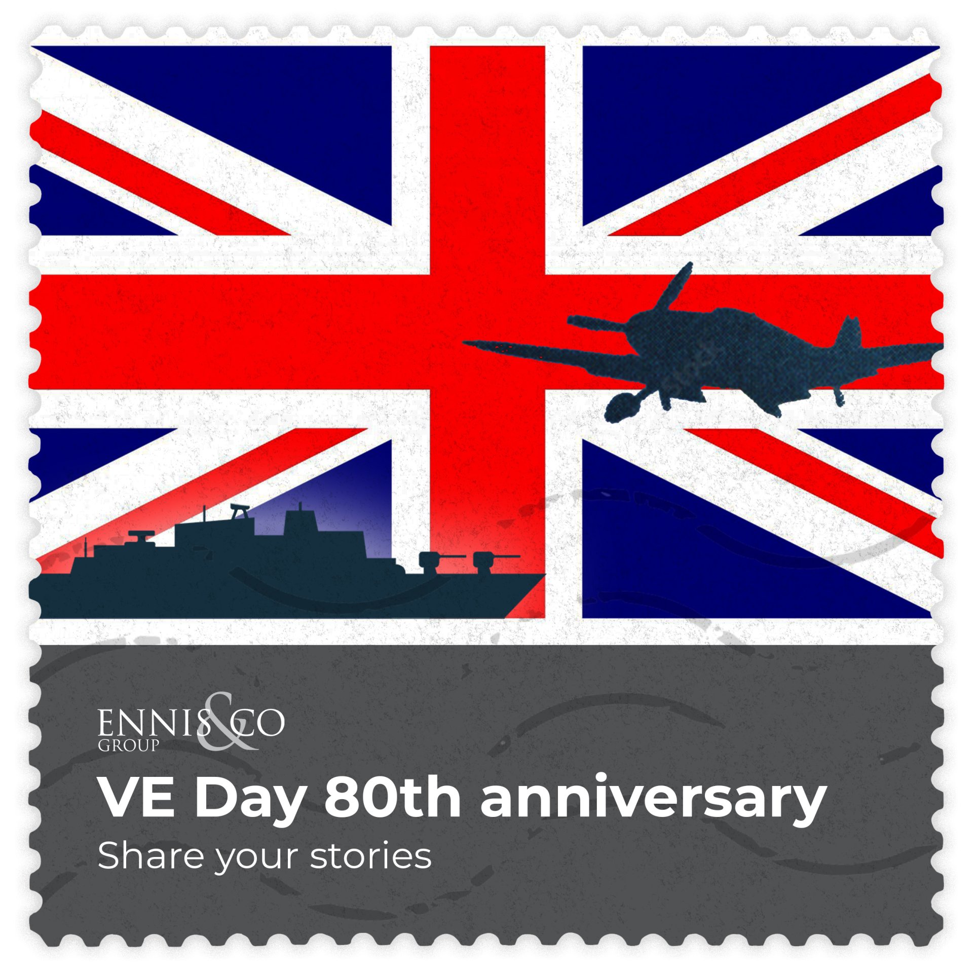 Stamp-style collage of the Union Jack with ship and aircraft silhouettes, commemorating VE Day 80th anniversary.