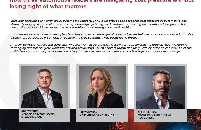 Headline 'Discipline Without Decline' with three executive portraits (Andrew Burn, Milly Camley, Nigel McMinn). -informative image for an automotive leadership article
