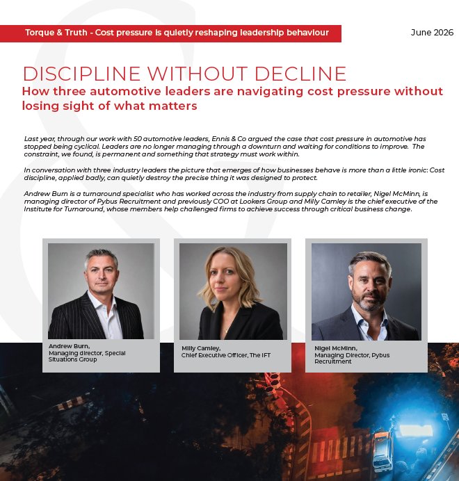 Headline 'Discipline Without Decline' with three executive portraits (Andrew Burn, Milly Camley, Nigel McMinn). -informative image for an automotive leadership article