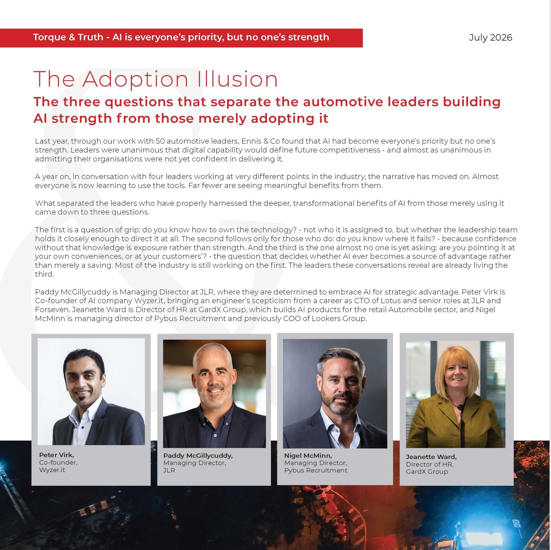 Headline page: 'The Adoption Illusion' with a grid of executive headshots and captions beneath.