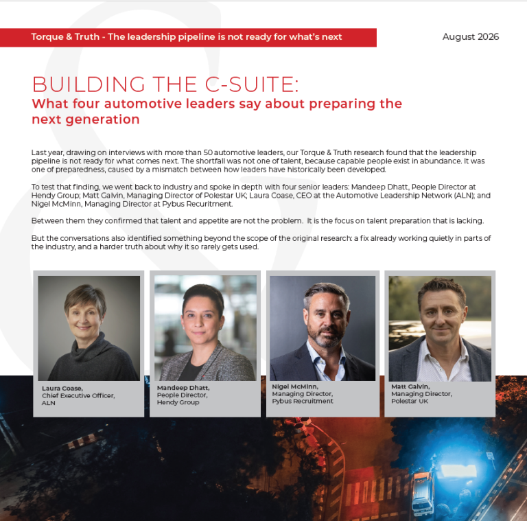 Red announcement banner at top, article title 'BUILDING THE C-SUITE: What four automotive leaders say about preparing the next generation,' introductory paragraphs, followed by four portrait photos with captions: Laura Coase, Chief Executive Officer, ALN; Mandeep Dhatt, People Director, Hendy Group; Nigel McMinn, Managing Director, Pybus Recruitment; Matt Galvin, Managing Director, Polestar UK.
